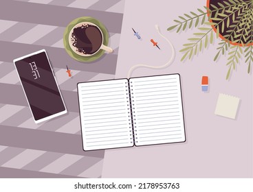 Modelación de organización de trabajo de vista superior. Escritorio con material de oficina para el diseño. Vista superior en portátil, smartphone, taza de café, pines, borrador y olla de flores. Plantilla de los suministros de oficina en el hogar