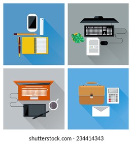 Top view of workplace with smartphone, laptop, computer, digital pen, tablet pc, and stationery icon set in flat design