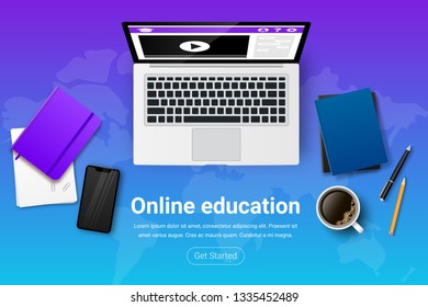 Top view of workplace for study and work. Online education banner. E-learning workspace vector illustration concept with laptop, notebook, books, phone, coffee, documents, text, button
