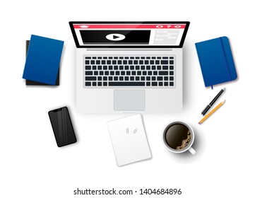 Top view of workplace for study and work. Online education banner. E-learning vector illustration concept with laptop, notebook, books, phone, coffee, documents, text, button isolated on white