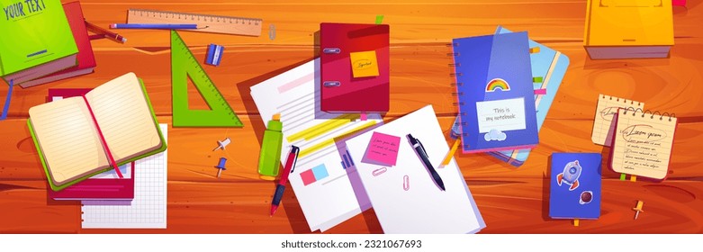 Vista superior del lugar de trabajo para estudiar. Dibujo vectorial de un viejo escritorio de madera, papeles, notas pegajosas, reglas, lápices, libros de texto y cuadernos con páginas en blanco. Área de trabajo de educación en casa