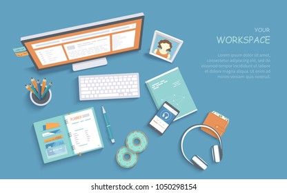 Top view of workplace supplies, monitor, keyboard, notebook, headphones, phone, donuts, photo frame. Modern and stylish workspace, organization of work at home. Vector background


