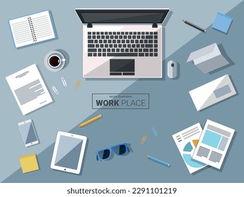 Top view workplace. Table, office supplies, monitor, books, notebook, phone, glasses, pencil, paper, coffee. Vector illustration