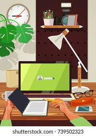 Top view workplace. Vector flat cartoon illustration