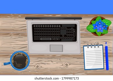 Top view workplace. Wooden table with laptop, notebook, pencil, coffee and flower pot. Business office, school training or home workspace. Objects lying on a wooden table. Stock vector illustration