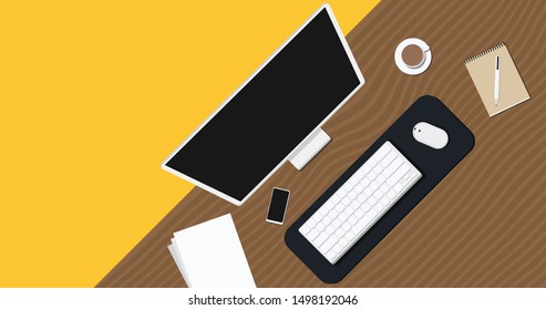 Top view of workplace. Wooden table,monitor,coffee cup,mouse,keyboard,paper,smart phone. Vector illustration