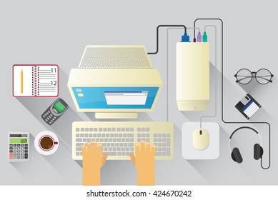Top View of Workplace.Computer retro.