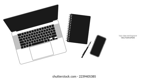 Top view workspace business with laptop computer, notebook, pen and smartphone minimal style black monochrome color isolated on white background. Vector illustration.