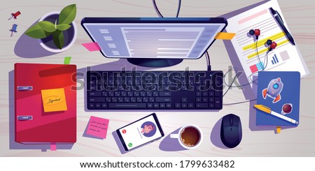 Top view of workspace with computer, stationery, coffee cup and plant on wooden table. Vector cartoon flat lay of workplace with monitor, keyboard, mobile phone, note book and headphones on desk