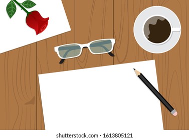 Top view of workspace desk with copy space and cup on background - Vector illustration