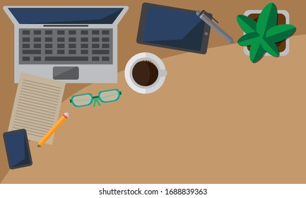 Top view of workspace desk. office desk. flat vector design isolated collection.