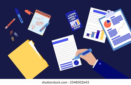 Vista superior de um espaço de trabalho com documentos, gráficos, um notebook e um smartphone mostrando o planejamento de negócios, a análise de dados e o crescimento financeiro.