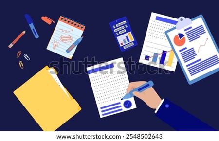Top view of a workspace with documents, charts, a notebook, and a smartphone showcasing business planning, data analysis, and financial growth.