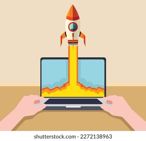 top view of a workspace, hands working on laptop with a rocket coming out of the screen, business idea concept, startup, entrepreneurship concept