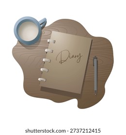 Top view workspace illustration featuring a diary notebook, coffee cup, and pen placed on a wooden desk surface. Cozy and minimal flat lay composition with soft shadows, ideal for themes related to productivity, journaling, planning, writing, education, and work from home lifestyle. Suitable for use as background, mockup, or creative workspace concept.