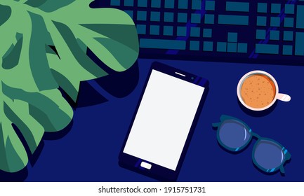 Top view of workspace with keyboard, mobile phone, glasses and coffee cup on desk. Vector illustration.