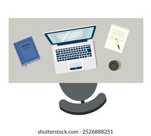 Top view of workspace with laptop, notes, coffee. View above of desktop with documents, notebook and chair. Study place in school, university, library, home. Flat vector of working place in office.