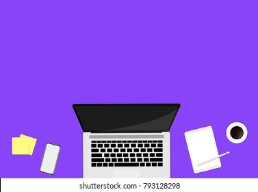 Top view workspace with laptop smartphone coffee on color background. Flat lay style.