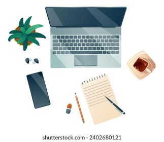 Top view of workspace with notebook coffee cup and plant. Vector cartoon flat lay of workplace mobile phone, note book and headphones