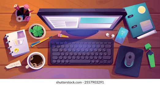 Top view of workspace. Office workplace or desk with computer, stationery, keyboard, reminder stickers, smartphone and cup of coffee. Comfortable workstation for employee. Cartoon vector illustration