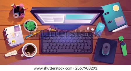 Top view of workspace. Office workplace or desk with computer, stationery, keyboard, reminder stickers, smartphone and cup of coffee. Comfortable workstation for employee. Cartoon vector illustration