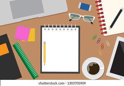 Top view of workspace vector set with stationery office on desk background - Vector illustration