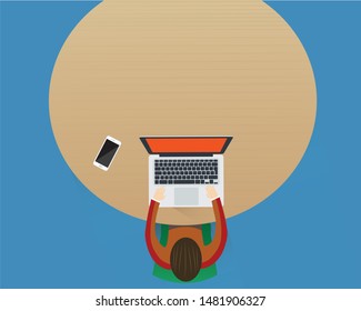 Top view workspace,man working on table use computer,vector design.