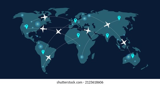 Top view world map with aircraft, air pathes and pins. Wide flat vector illustration for info graphic, web, banner. Global logistics network. World map with destination marker pins and plane travel 