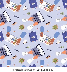 Top view writing hands seamless pattern. Office work. Business people use laptop. Employees take notes in organizer books. Future plan. Businessman workplace. Garish