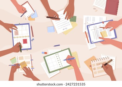 top view writing. office desk top view, Hands making note, Effective time management, holding pen and writing down goals planning and organization. vector cartoon flat concept background.