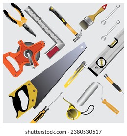 Top view of yellow construction tools for repair and installation on white background. vector