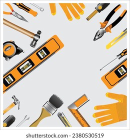 Top view of yellow construction tools for repair and installation on white background. vector