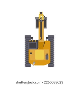 Top view of yellow excavator vector illustration. Cartoon drawing of vehicle for construction or building isolated on white background. Construction industry, heavy machinery concept