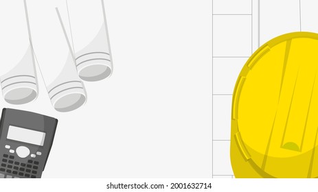 Top view yellow helmet hat on blue print and calculator for engineer and construction graphic flat design vector illustration