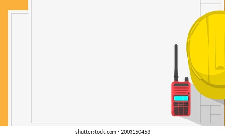 Top view yellow helmet hat on blue print and radio communication for engineer and construction graphic flat design banner background vector illustration