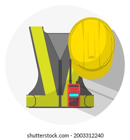 Top-View-gelber Helm-Hut mit Sicherheitsweste und Funkkommunikator für die Sicherheitsingenieurindustrie und grafischer FlachWeb-Design-Hintergrund Vektorgrafik