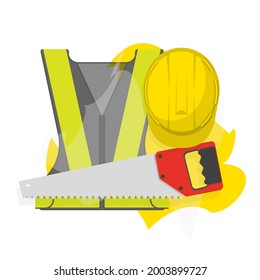 Top view yellow helmet hat with safety vest and hand saw for capenter and construction graphic flat web design logo background vector illustration