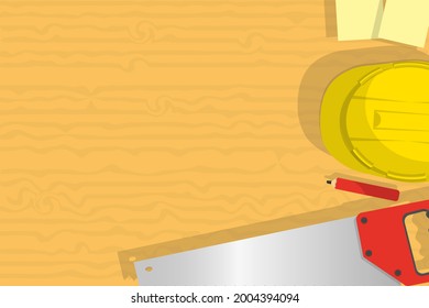 Top view yellow helmet hat with hand saw for capenter and building furniture work graphic flat design background vector illustration