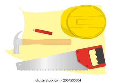 Top view yellow helmet hat with hand saw and hammer for capenter and furniture worker graphic flat design background vector illustration