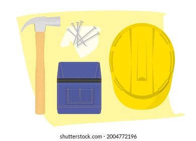 Top view yellow helmet hat with hammer and nail and pocket for capenter or worker graphic flat web design background vector illustration