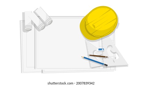 Top view yellow helmet hat on blue print and pen and pencil and eraser and ruler drawing tool for engineer and construction graphic flat design banner background vector illustration