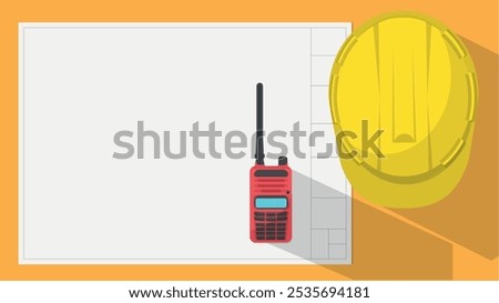 Top view yellow helmet hat and red radio communication with white plain paper on top brown table background  ,construction and engineer graphic flat design, vector illustration