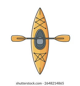 Top view of a yellow and orange kayak with a black seat and a double-bladed paddle resting across it, isolated on a plain white background