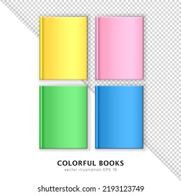 Vista superior de libros amarillos, rosas, verdes y azules de tapa dura. Conjunto de álbumes de colores tridimensionales, revistas, libros de texto aislados en un fondo transparente. Burla realista, diseño, plantilla de diseño