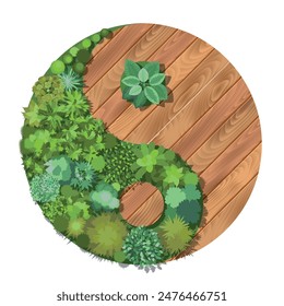 Top view of the Yin Yang sign in the form of a wooden deck and a lawn with green grass, plants, trees and bushes. View from above. Vector illustration.