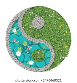 Top view of the yin-yang sign in the form of a lake with goldfish framed by a grey stone and lawns with green grass and white and yellow flowers. View from above. Vector illustration.