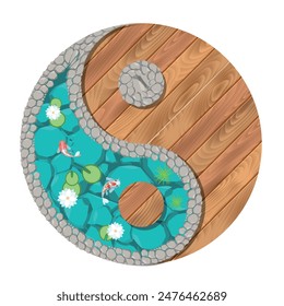 Top view of the yin-yang sign in the form of a lake with golden carp framed by grey stone and wooden flooring. View from above. Asian style. Vector illustration.