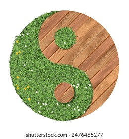 Top view of the yin-yang sign in the form of a wooden flooring and lawns with green grass and white and yellow flowers. View from above. Vector illustration.