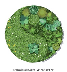 Top view of the yin-yang sign in the form of a garden with plants and bushes and a lawn with green grass, white and yellow flowers. View from above. Vector illustration.