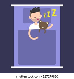 Top view: Young bearded man sleeping with his teddy bear in bed / editable flat vector illustration